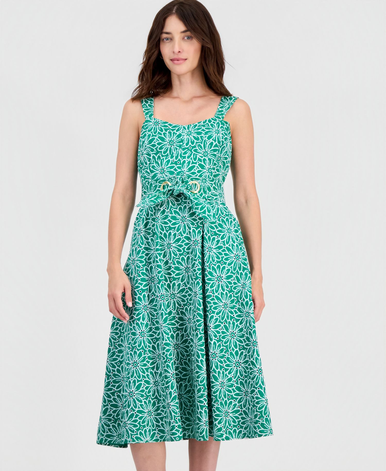 Tahhari ASL Women's Cotton Eyelet Belted Midi Dress