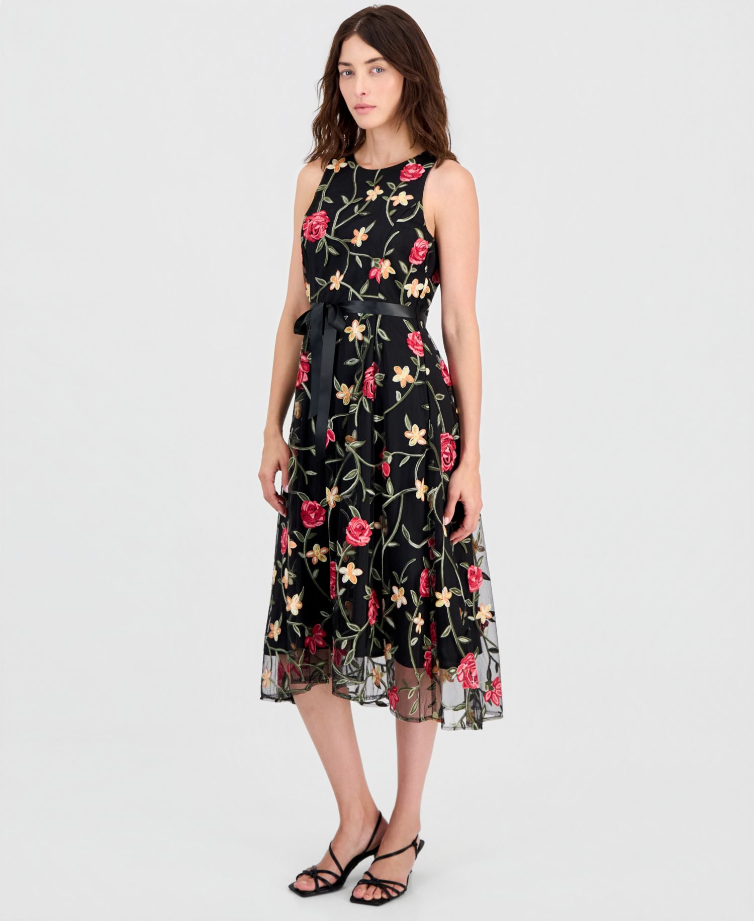 Women's Embroidered Belted Sleeveless Dress
