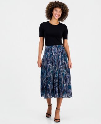 Women's Printed Pleated Pull-On Midi Skirt
