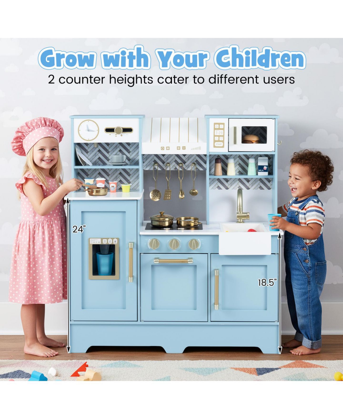 Детская игрушка Gymax Kids Play Kitchen with Stoves Faucet Sink Clock Coffee Machine Range Hood, цвет: Синий — фото 10