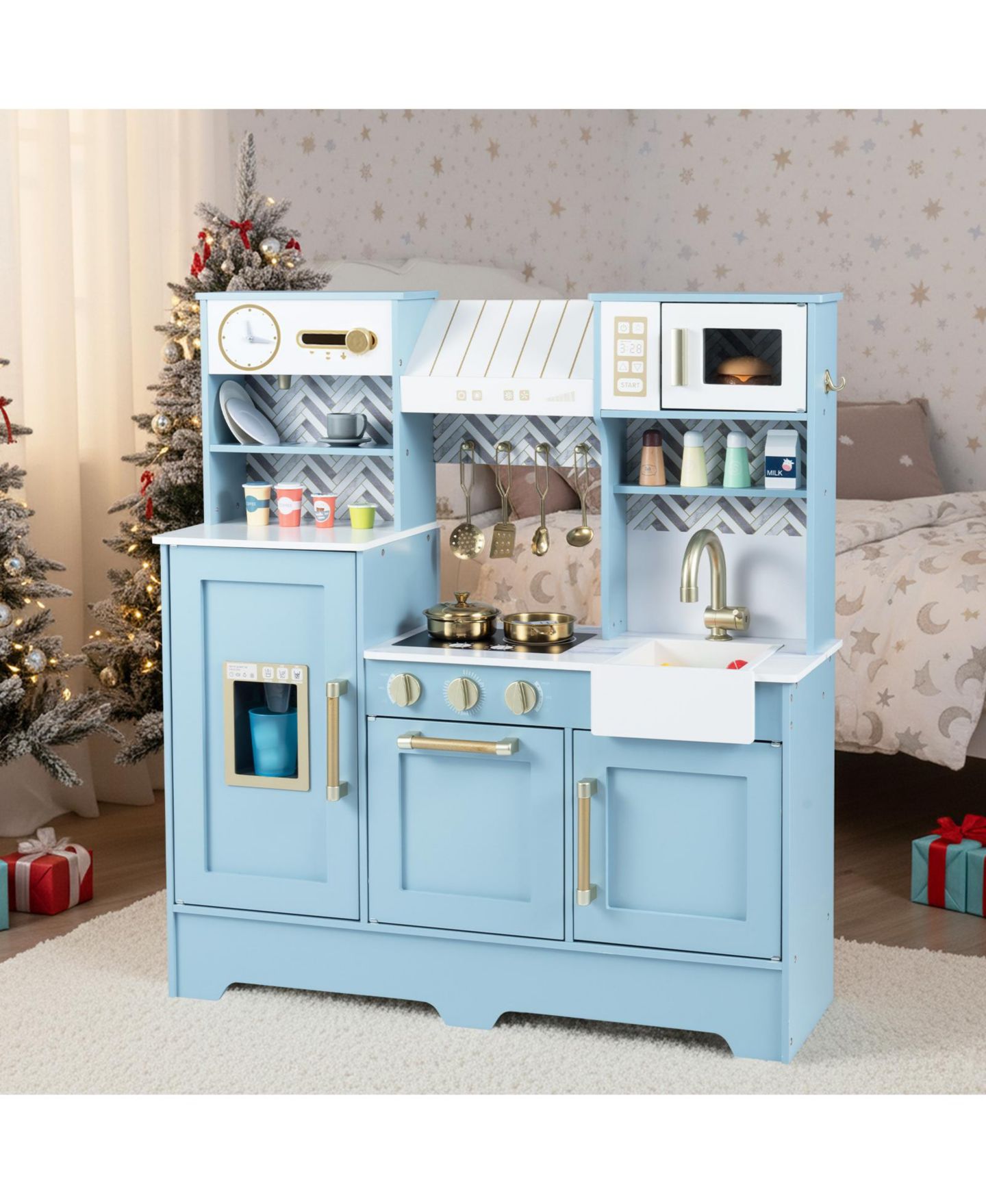 Детская игрушка Gymax Kids Play Kitchen with Stoves Faucet Sink Clock Coffee Machine Range Hood, цвет: Синий — фото 2