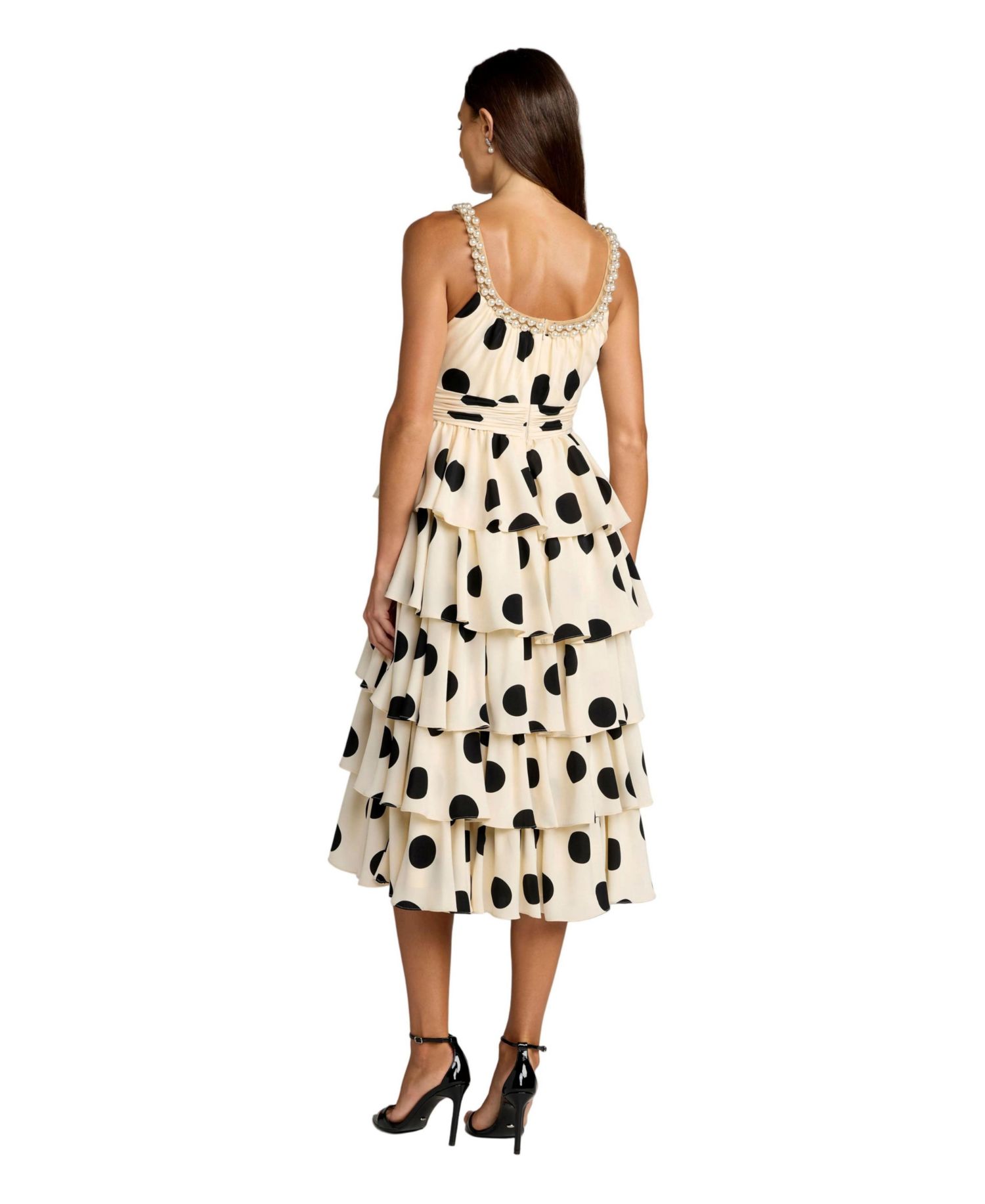 Women's Polka Dot Charmeuse Scoop Neck Ruffle Midi Dress