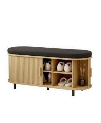 43" Shoe Bench Storage Sliding Door Adjustable Shelf Fluted Cushion Entryway Hallway Living Room