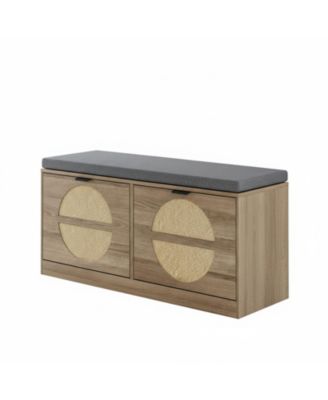 Rattan Storage Bench Cushion Coat Rack 2 Flip Drawers Entryway Living Room