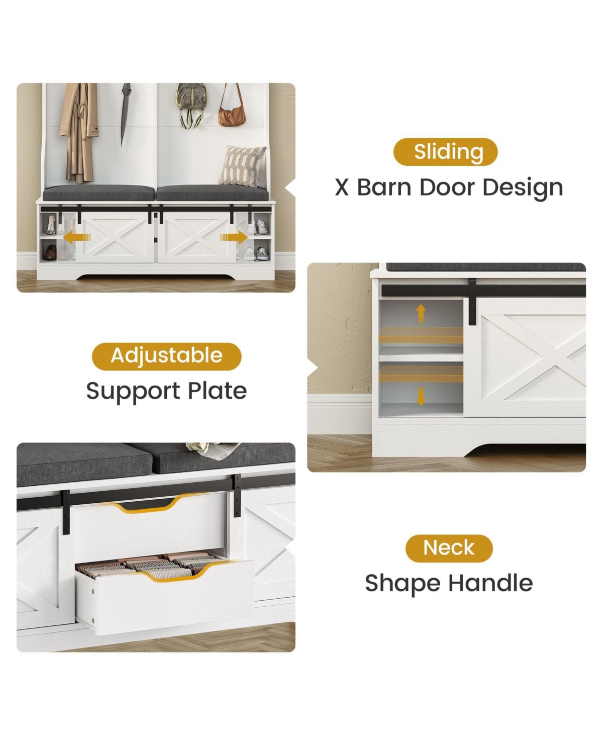Yigii Hall Tree Bench Shoe Storage Coat Rack Farmhouse Barn Door 4in1 Cushioned Stool Hooks