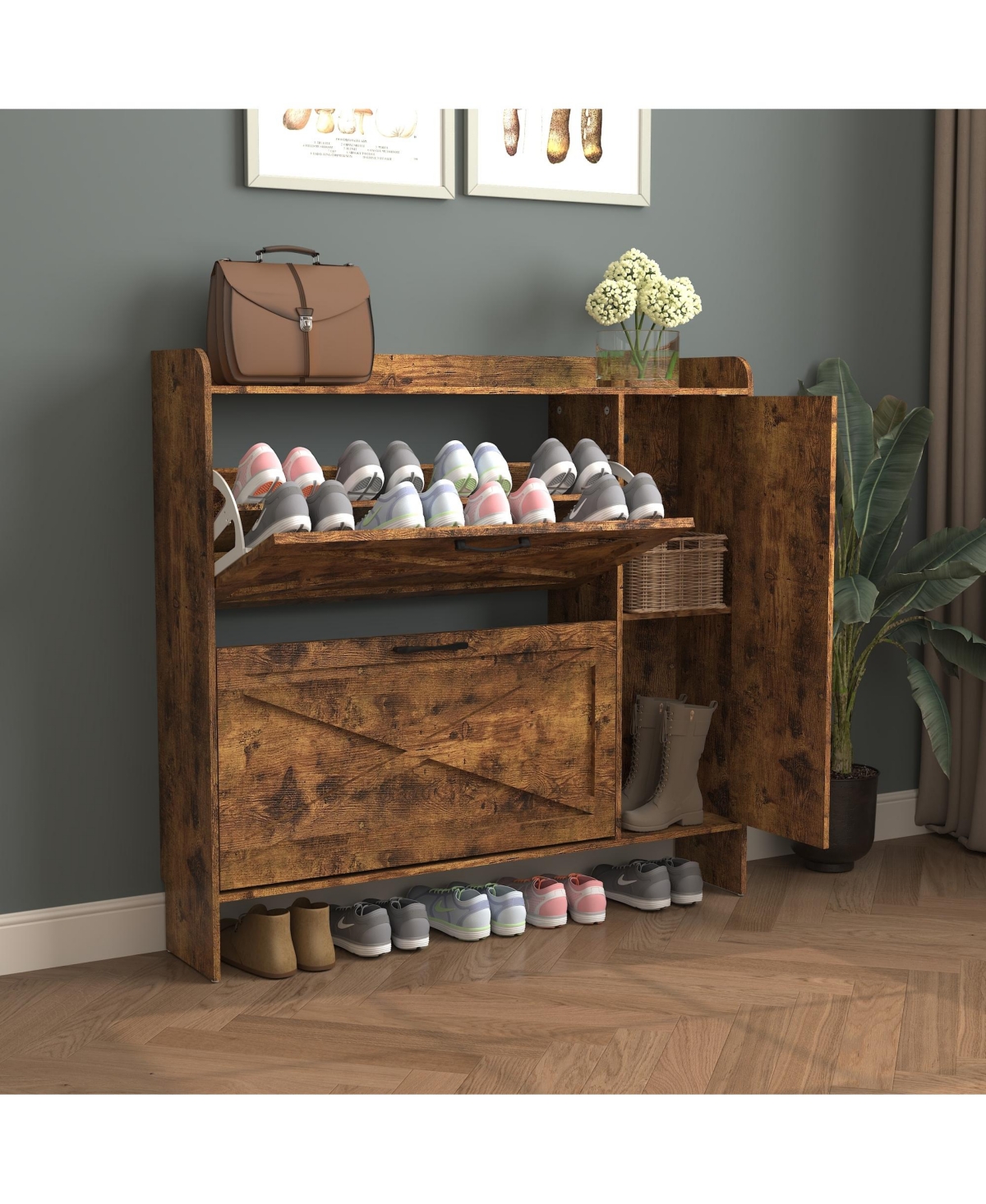 Rainsken Rustic Brown Shoe Storage Cabinet, Freestanding Shoe Rack, Narrow Shoe Organizer with 2 Flip Drawers and Mirror Door for Entryway, Hallway