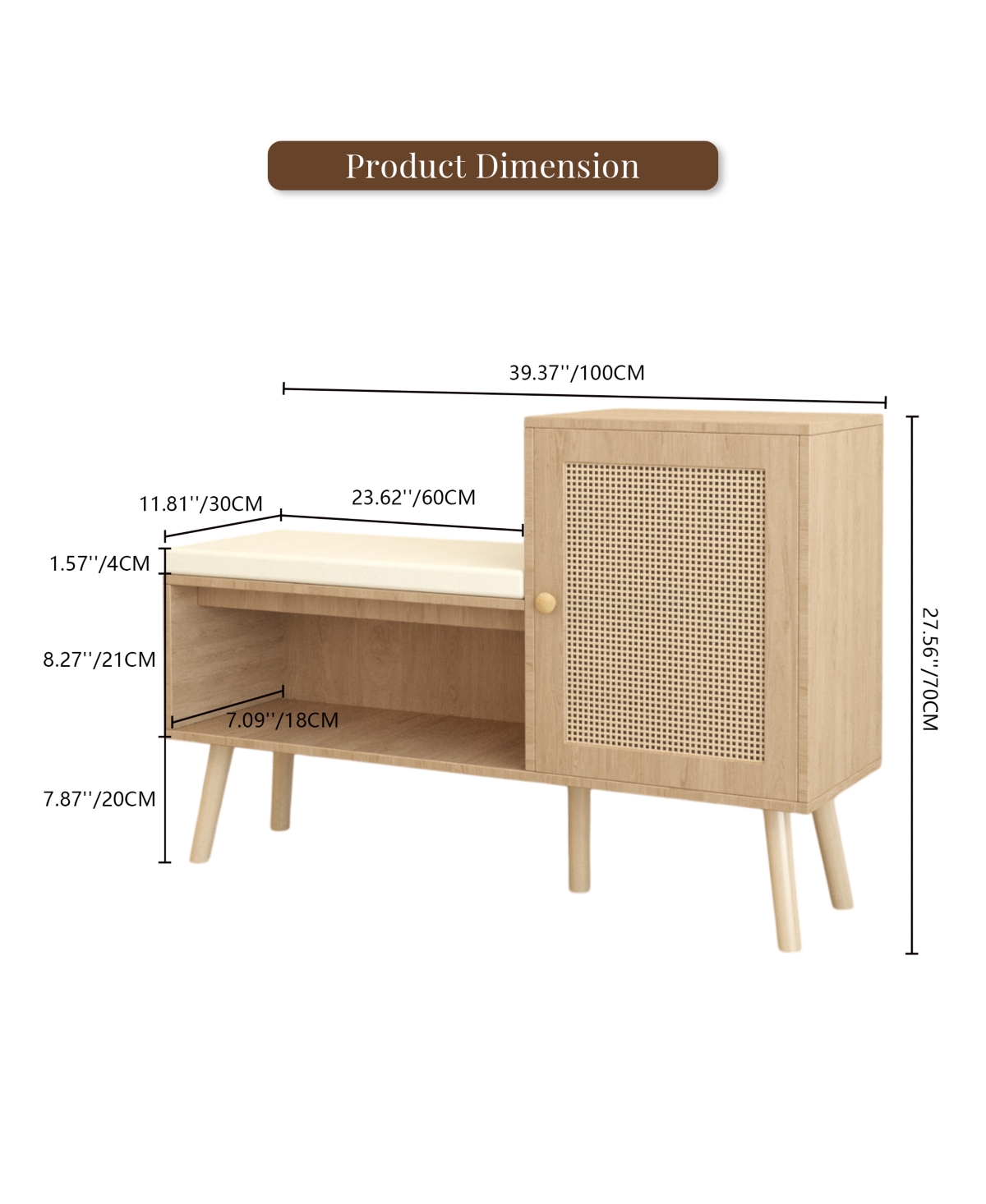 Rainsken 2-in-1 Shoe Storage Bench, Rattan Shoe Cabinet with Adjustable Shelves and Removable Seat Cushion, Hidden Shoe Rack Organizer for Entryway