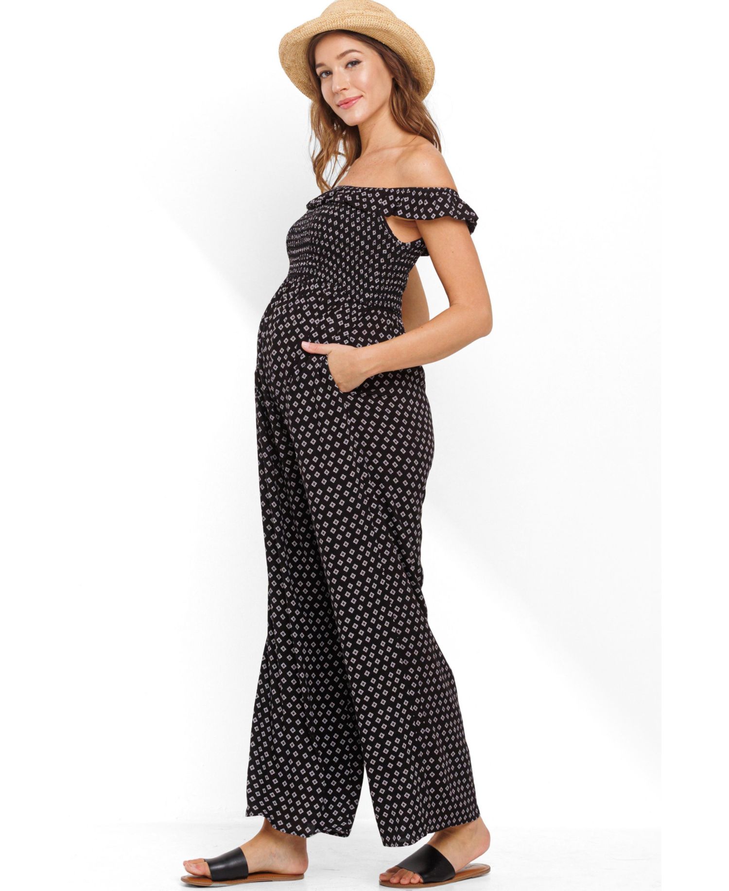 Maternity Smocked Wide Leg Off the Shoulder Jumpsuit with Pockets