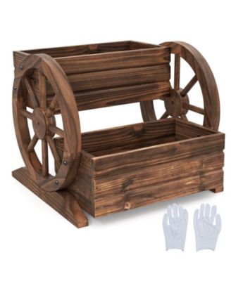 2-Tier Raised Garden Bed Rustic Wood Wagon Shape with Drainage Holes and Wheels-Coffee