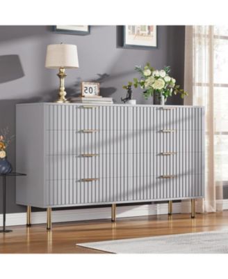 8 Drawer Fluted Wood Dresser with Gold Legs, Wide Storage for Bedroom