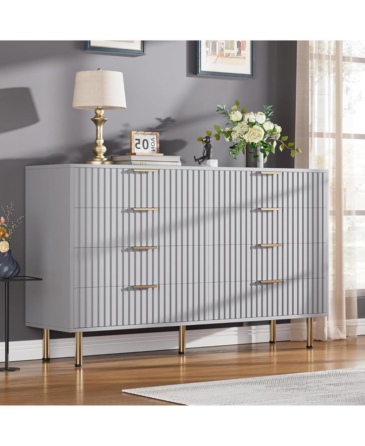gaomon 8 Drawer Fluted Wood Dresser with Gold Legs, Wide Storage for Bedroom