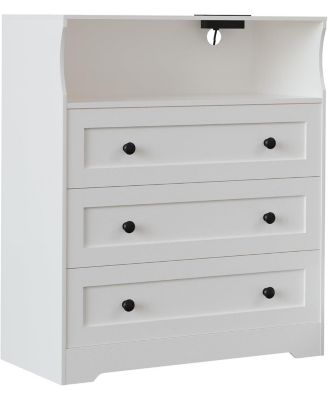 3 Drawer Wood Nightstand with LED Lights & Charging Station, Bedside Chest for Bedroom, Closet, Hallway