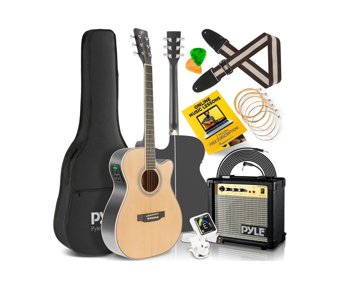 Детские игрушки Pyle Electric Acoustic Guitar Kit - 6-String Guitar with Amplifier, Digital Tuner, and Accessories, Natural Finish — фото 1