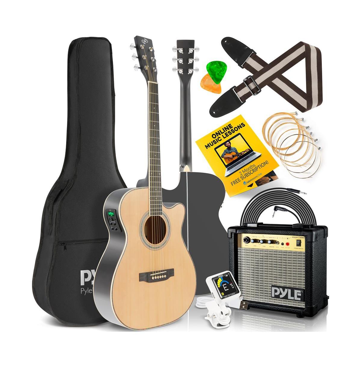 Pyle Electric Acoustic Guitar Kit - 6-String Guitar with Amplifier, Digital Tuner, and Accessories, Natural Finish - Brown