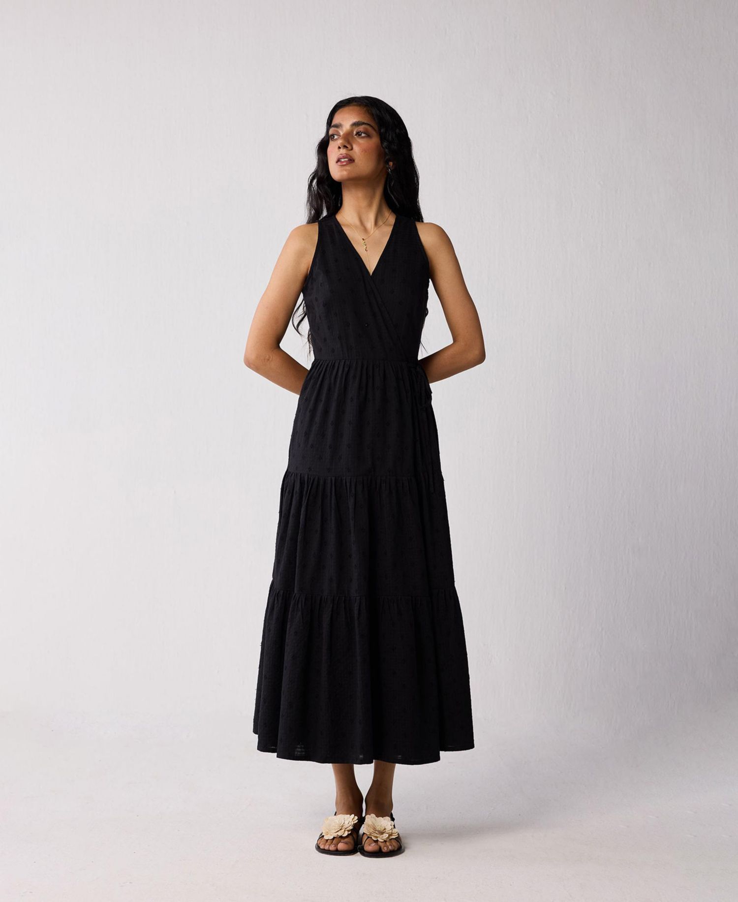 Women's Sleeveless Embroidered Wrap Dress with Tiers