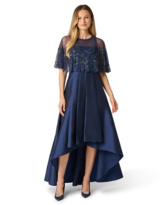 Women's Boat Neck Bead Cape Taffeta Dress