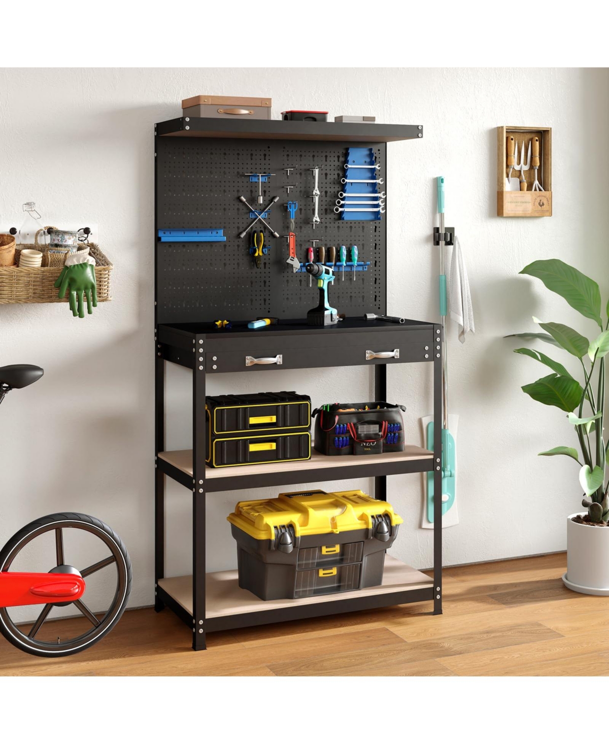 Mecale Tool Storage Workbench with Pegboard with 14 Hanging Accessories for Garage