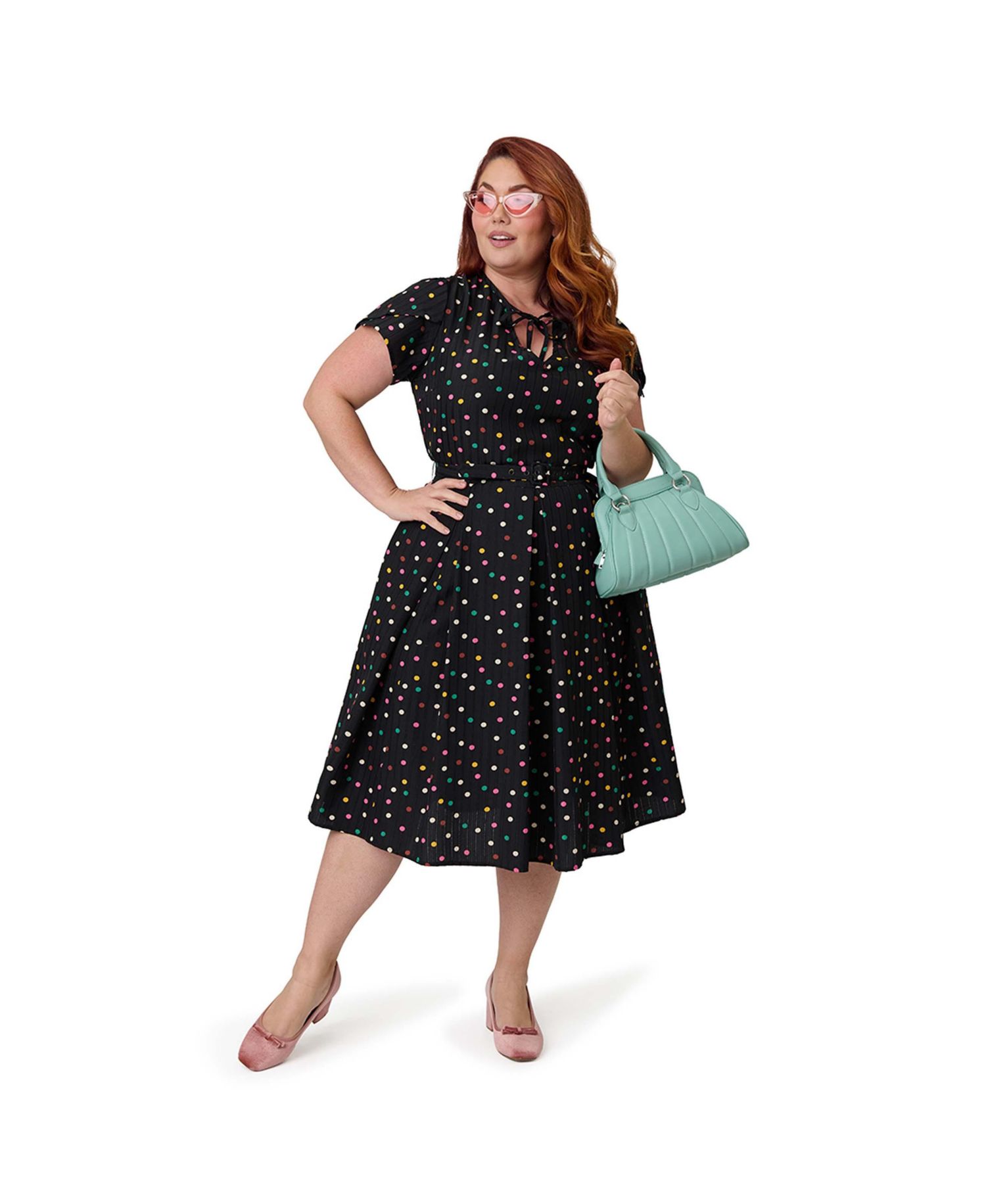Plus Size Short Petal Sleeve Tie Neck Dahlia Swing Dress