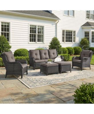 5-Pieces Patio Furniture Set, Outdoor Wicker Sofa Couch with Chairs Ottomans Red Cushions, All Weather High Back Modern Conversation Set