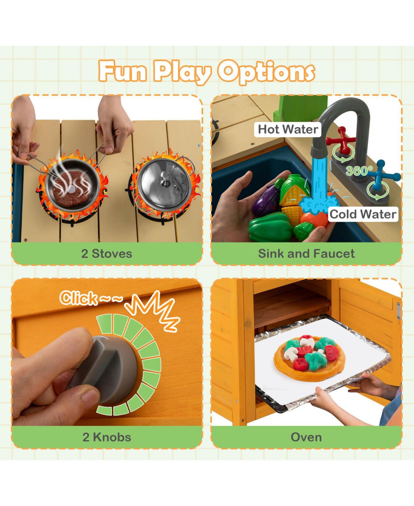 Детские игрушки Costway Wooden Mud Kitchen with Stoves, Sink and Oven, 10-Piece Set, Ages 3+, цвет: Жёлтый — фото 8