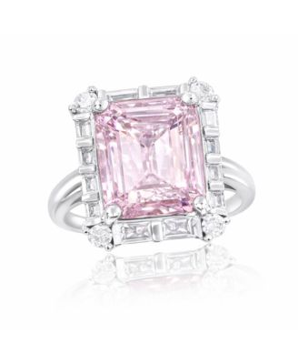 Suzy Levian Sterling Silver Emerald-Cut Cubic Zirconia Baguette Halo Ring