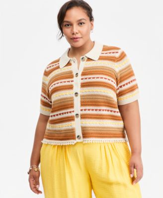 Trendy Plus Size Textured Stripe Collared Cardigan
