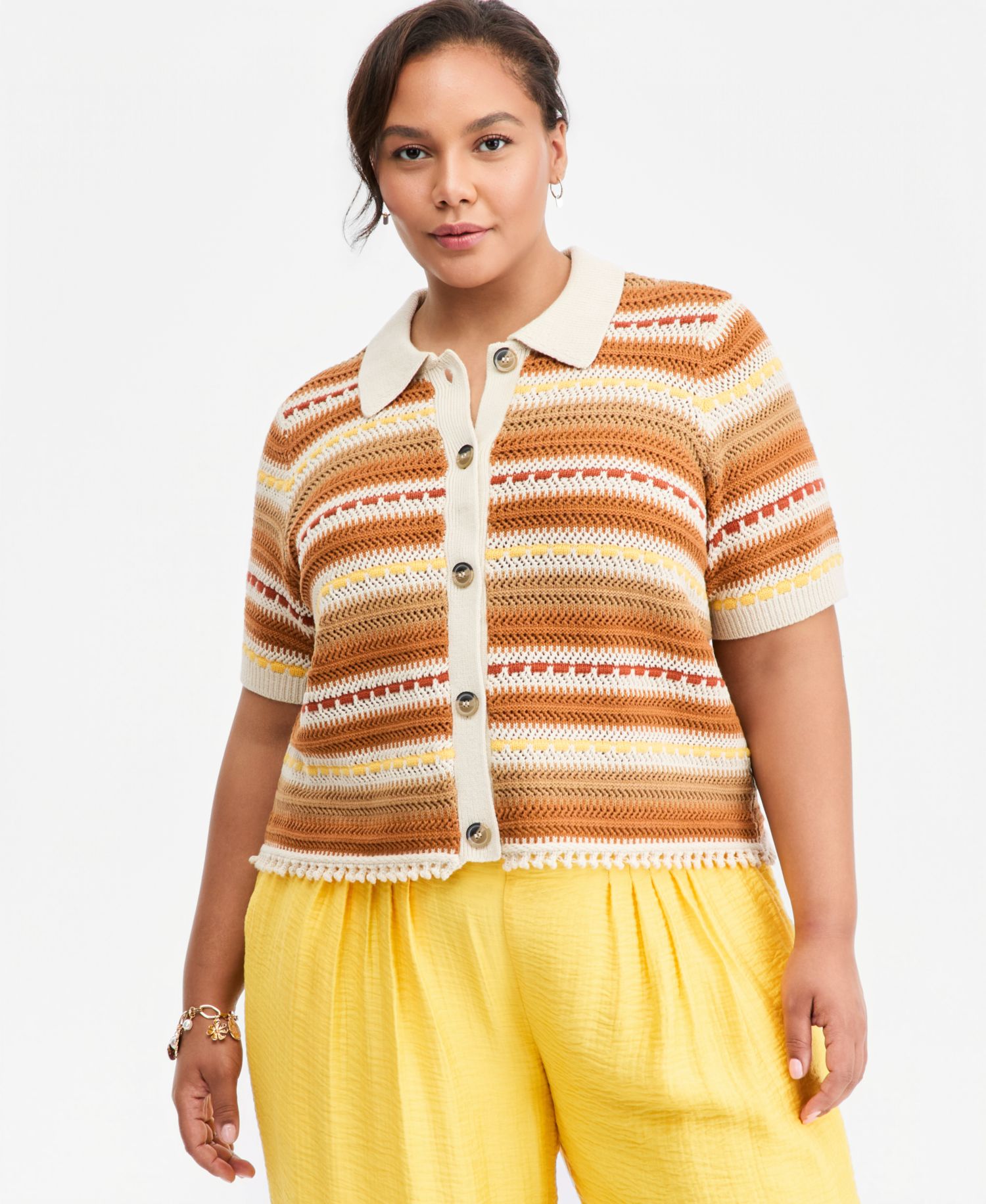 Trendy Plus Size Textured Stripe Collared Cardigan