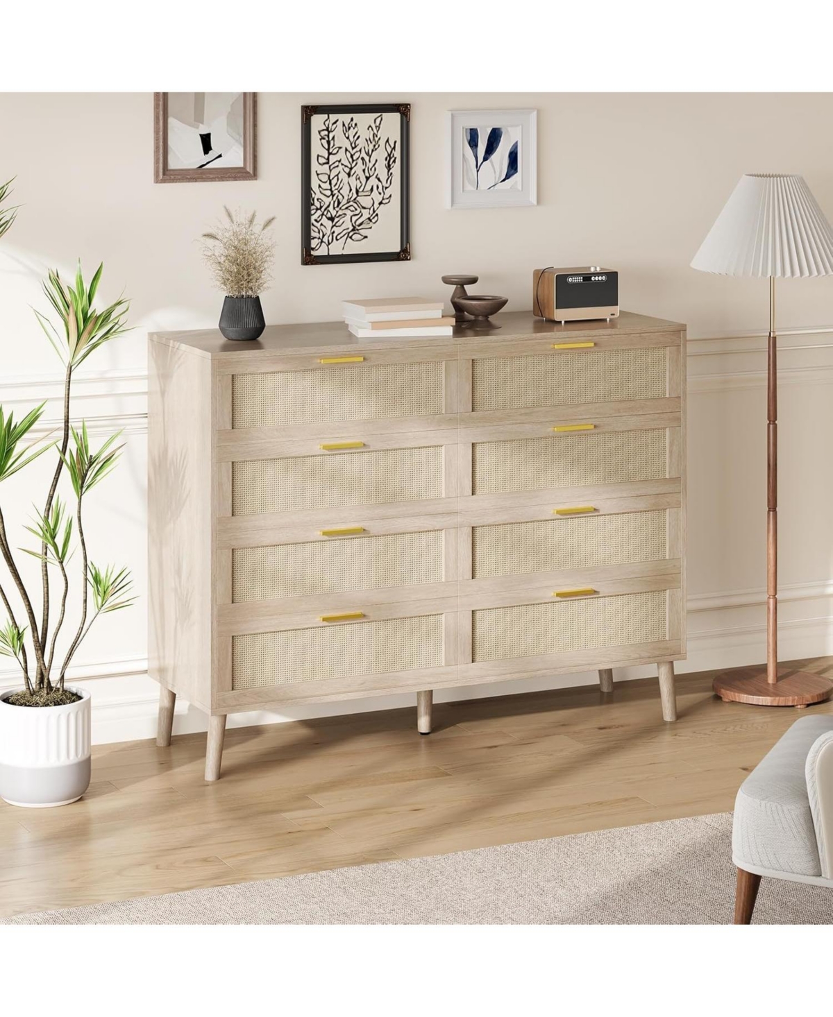 gaomon 8-Drawer Natural Rattan Dresser with 5 Legs & Gold Handles.