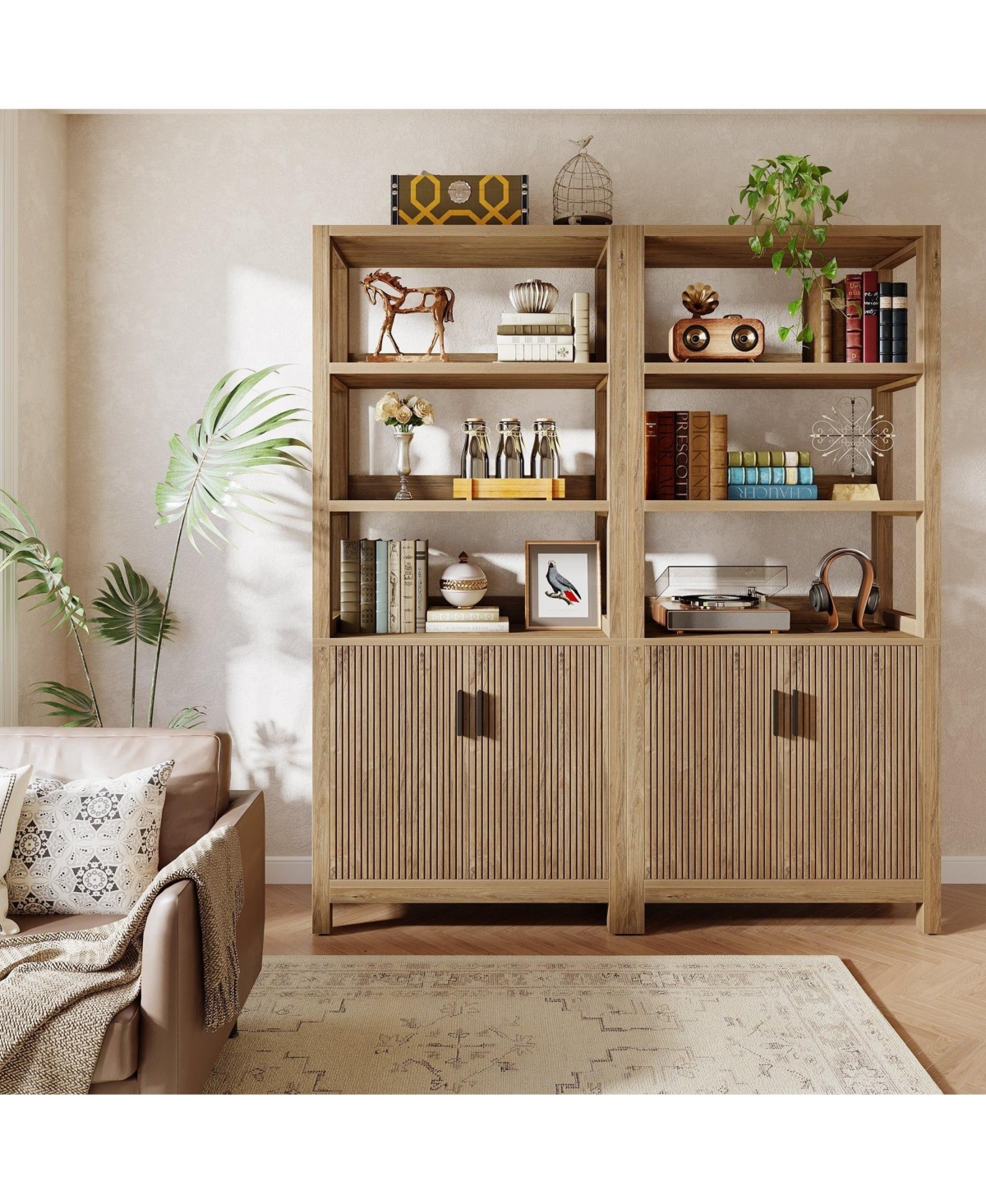 Slickblue Wooden Storage Bookshelf with 3-Tier Open Shelves and Door Cabinet
