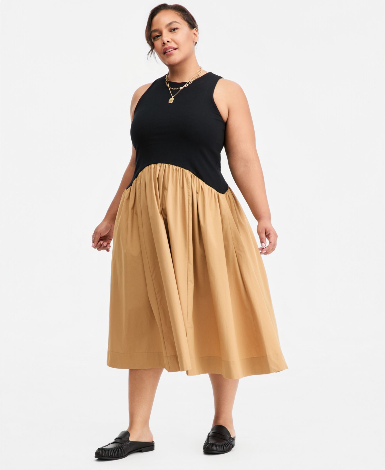 Women's Curved-Waist Mixed-Media Midi Dress