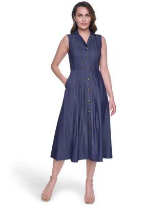 vince camuto denim dress Vince Camuto Fit & Flare Cotton Denim Midi Dress Sleeveless Size 12