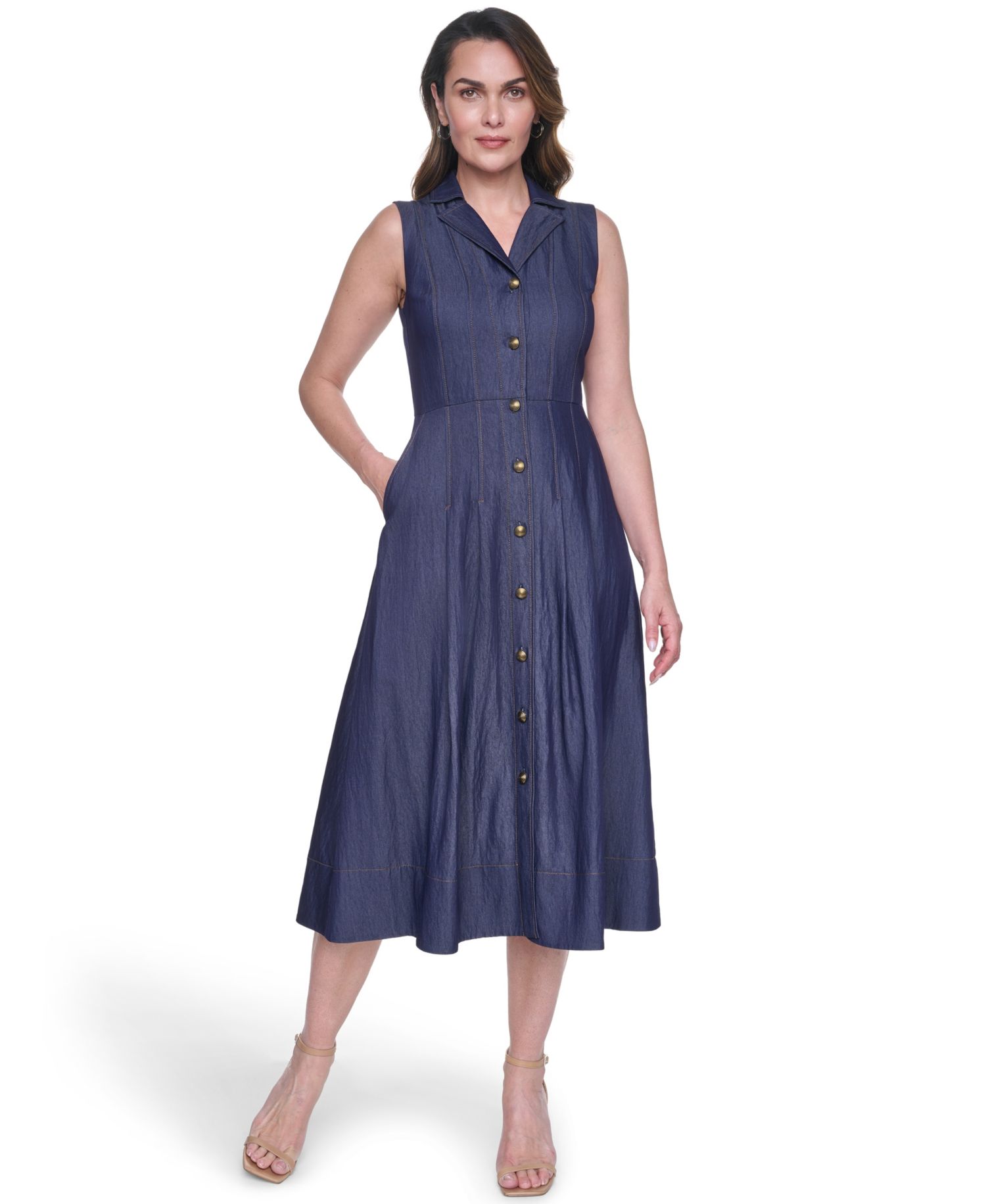 Women's Denim Sleeveless Midi Shirt-Dress