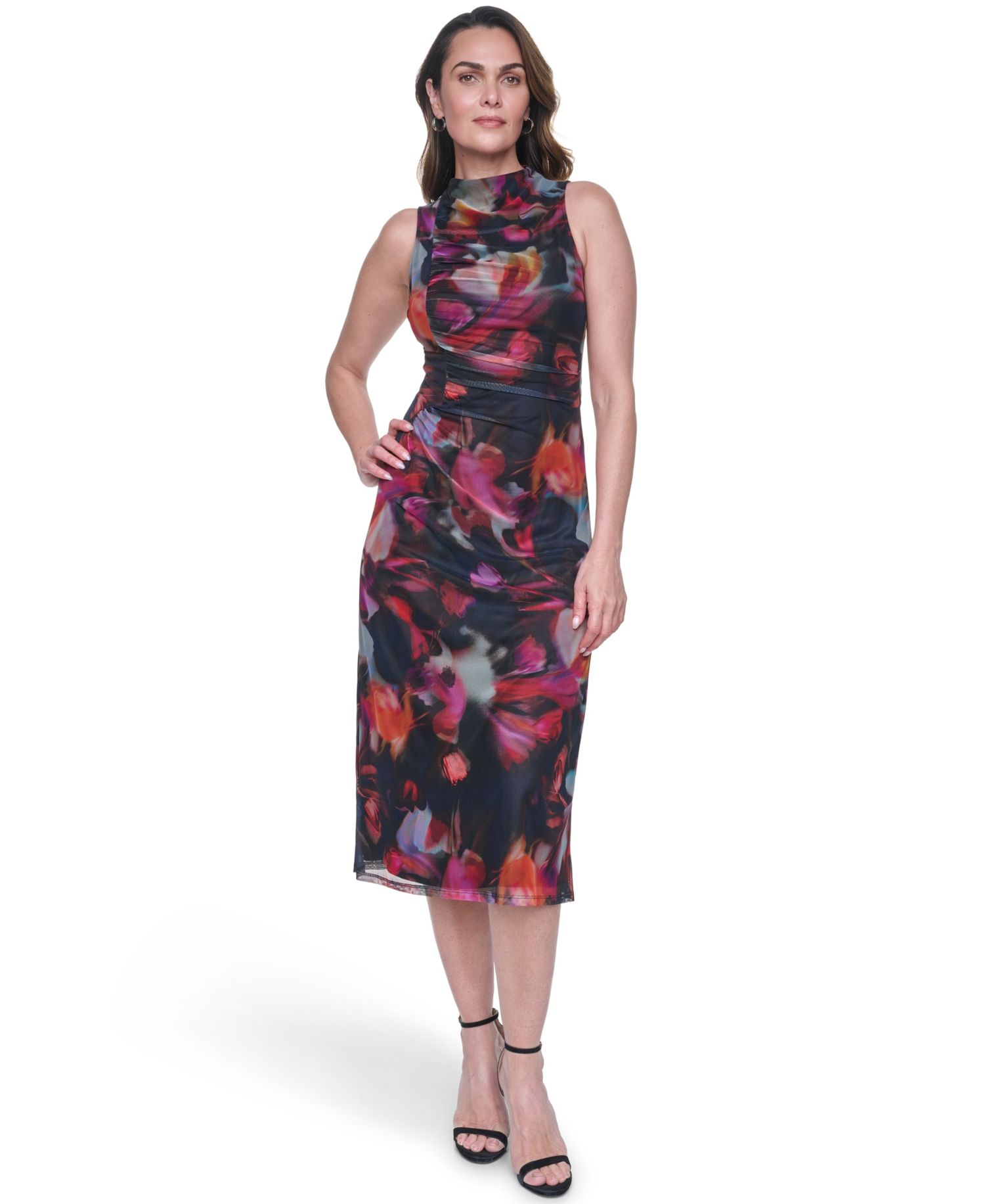 Women's Printed Mesh Shirred Midi Dress