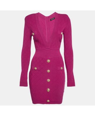 Women's Fuchsia Jacquard Knit Button Detail Mini Dress