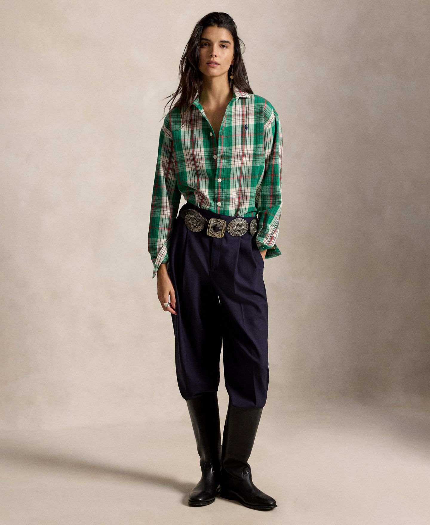 Женская рубашка Polo Ralph Lauren Cotton Twill Woven Collared, цвет: Зелёный кремовый разноцветный — фото 5
