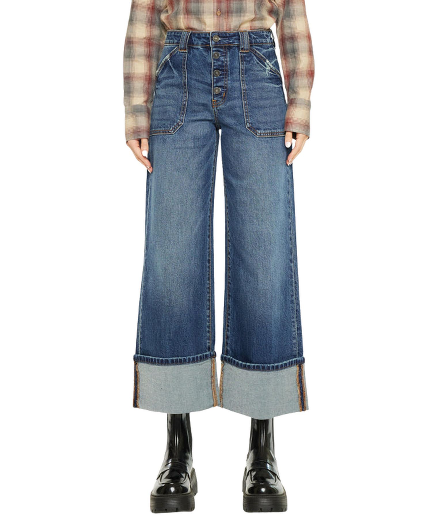 Women's High Rise Cuffed Wide Leg Jeans