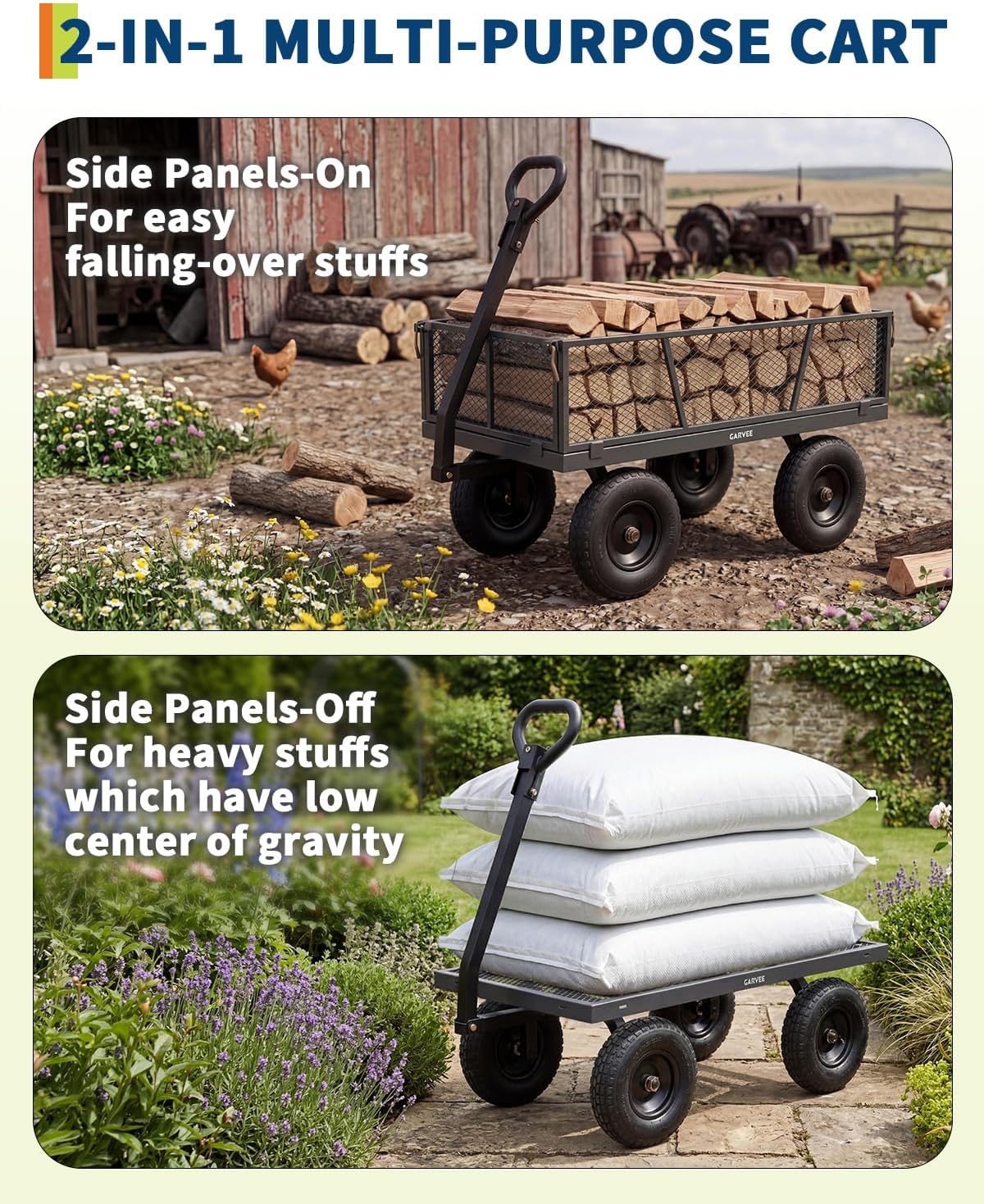 gaomon 1200 lbs Heavy Duty Steel Garden Cart with Removable Mesh Sides 13in All-Terrain Pneumatic Tires Utility Wagon with 180 Rotating