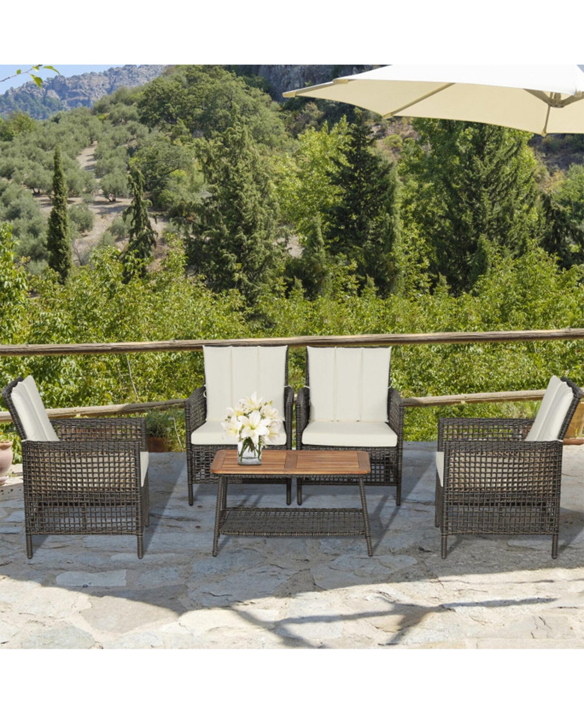 Clihome 5 Pieces Patio Rattan Furniture Set Cushioned Sofa Wooden Tabletop