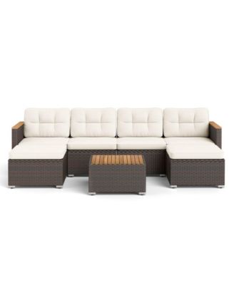 7 Pieces Wicker Conversation Set with Wood Armrests for Backyard
