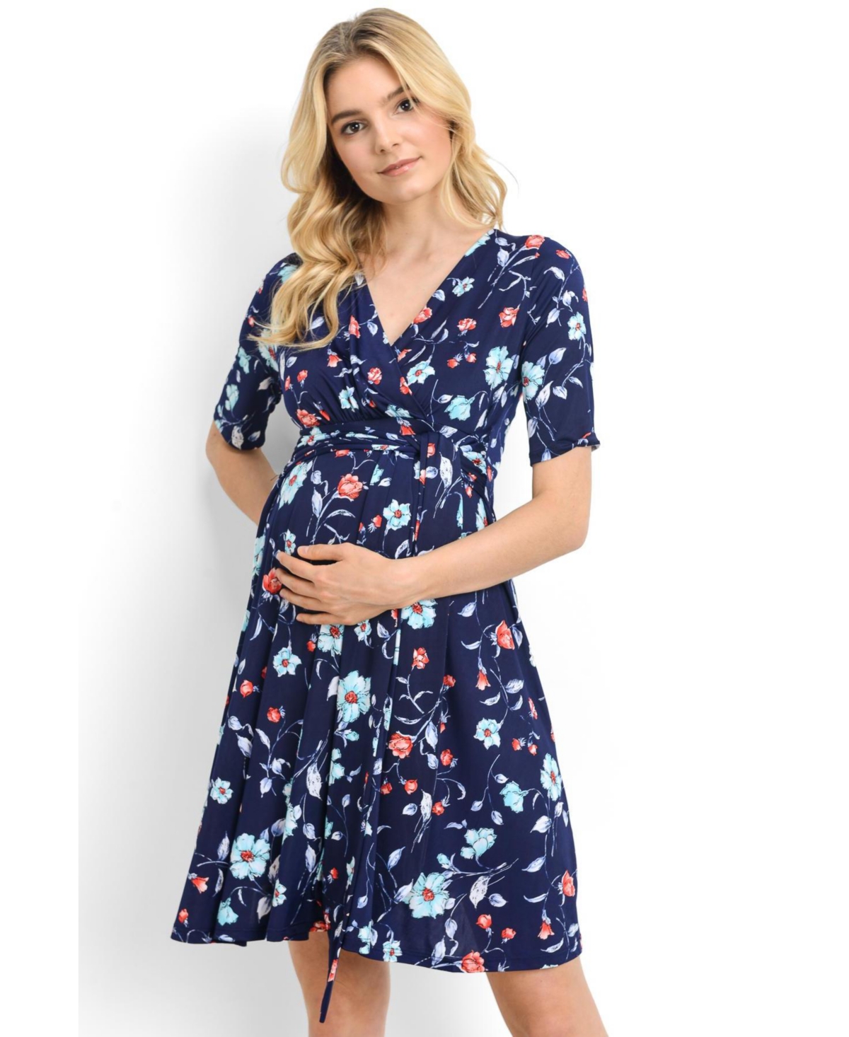 Hello Miz Maternity Floral Short Sleeve Nursing Dress with Waist Tie