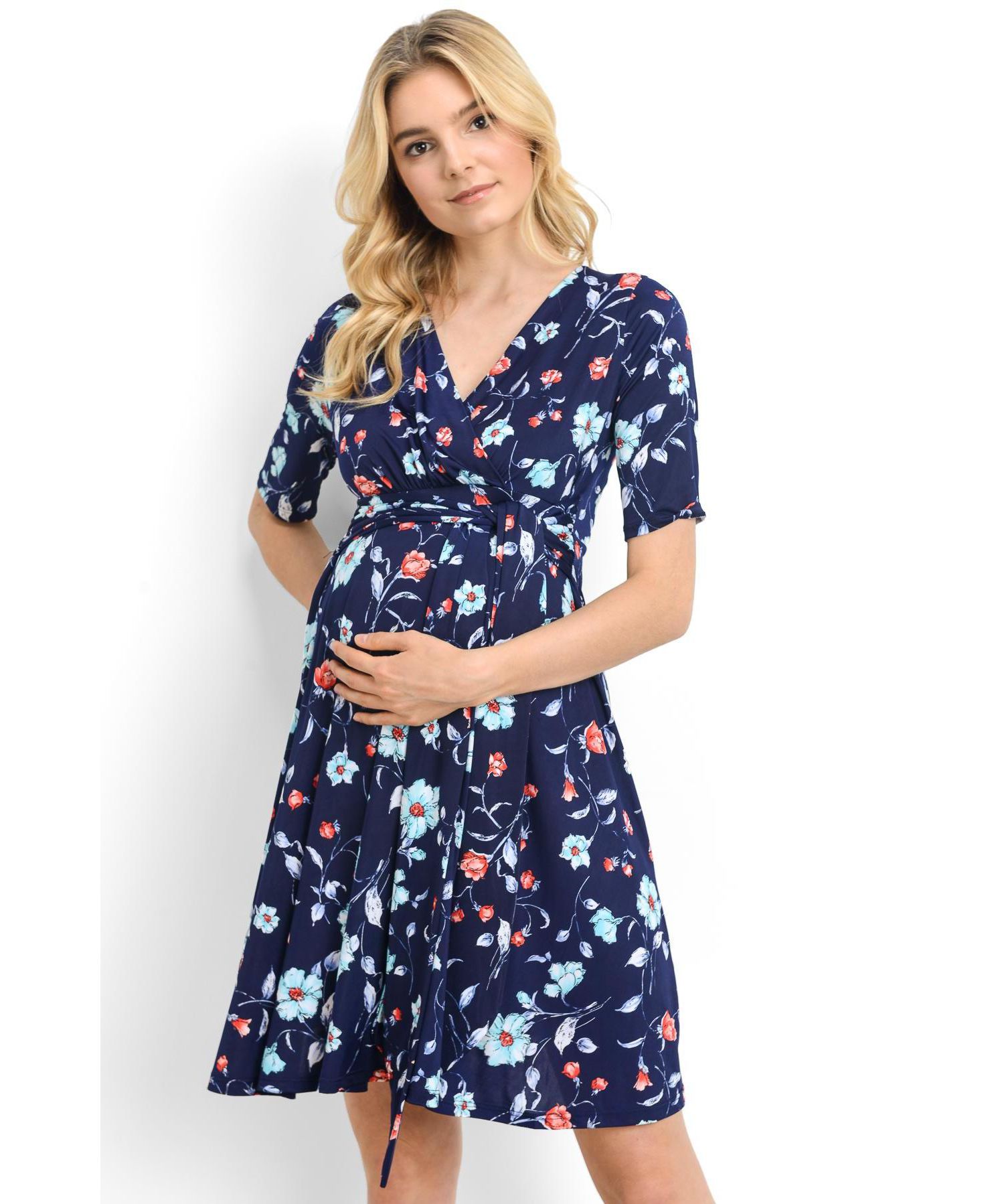 Women's Floral Short Sleeve Nursing Dress with Waist Tie