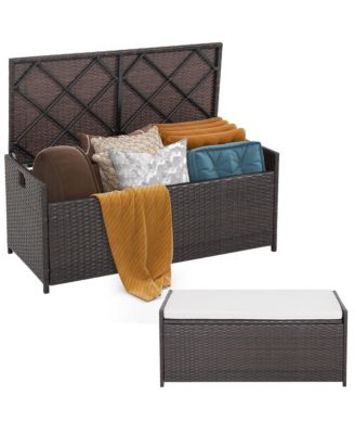 34 Gallon Outdoor Storage Patio Bench Patio Wicker Deck Box w/ Off White Cushion