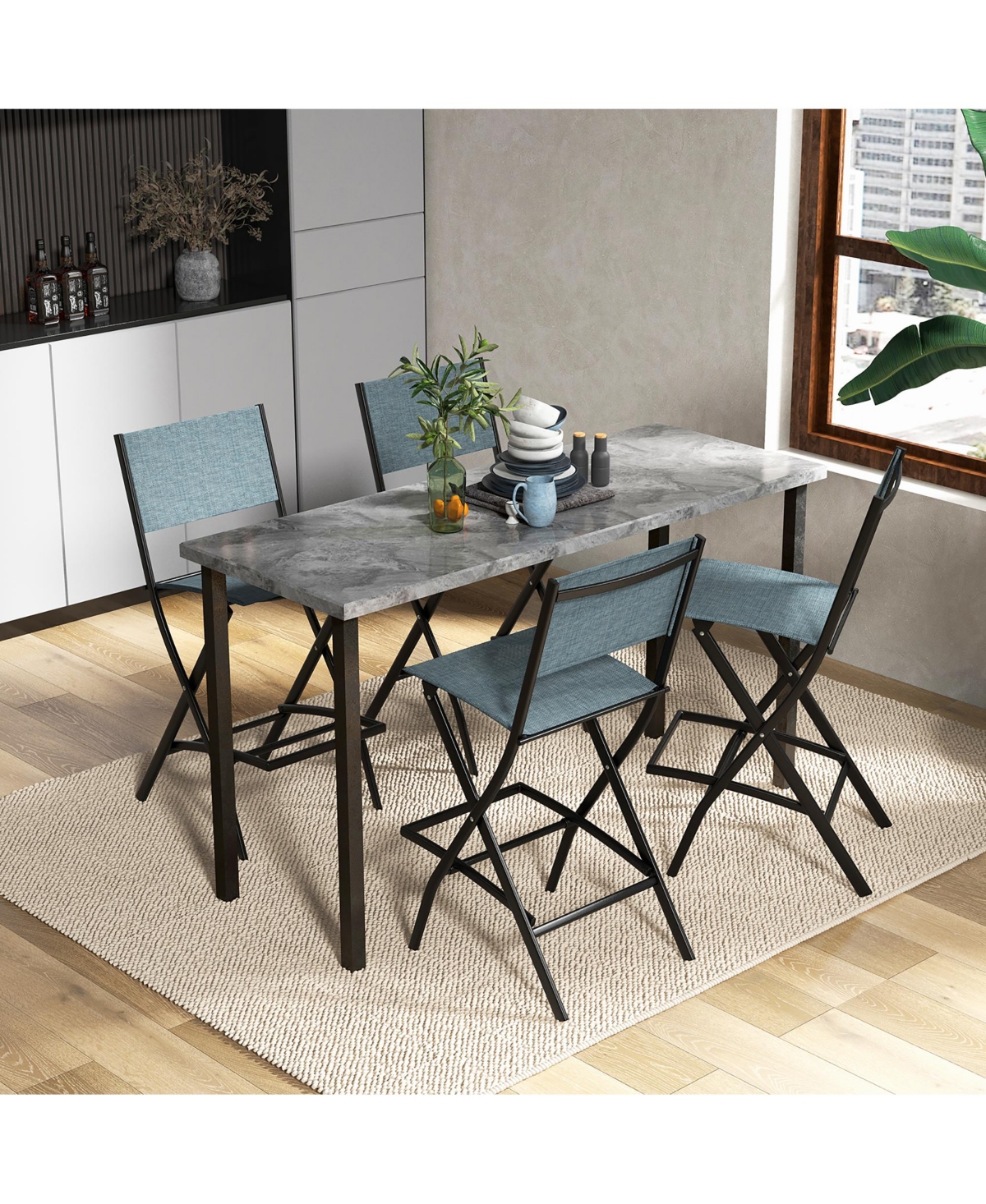 Gymax Folding Bar Stools Set of 6 Patio Sling Chairs w/ Backrest Humanized Footrest