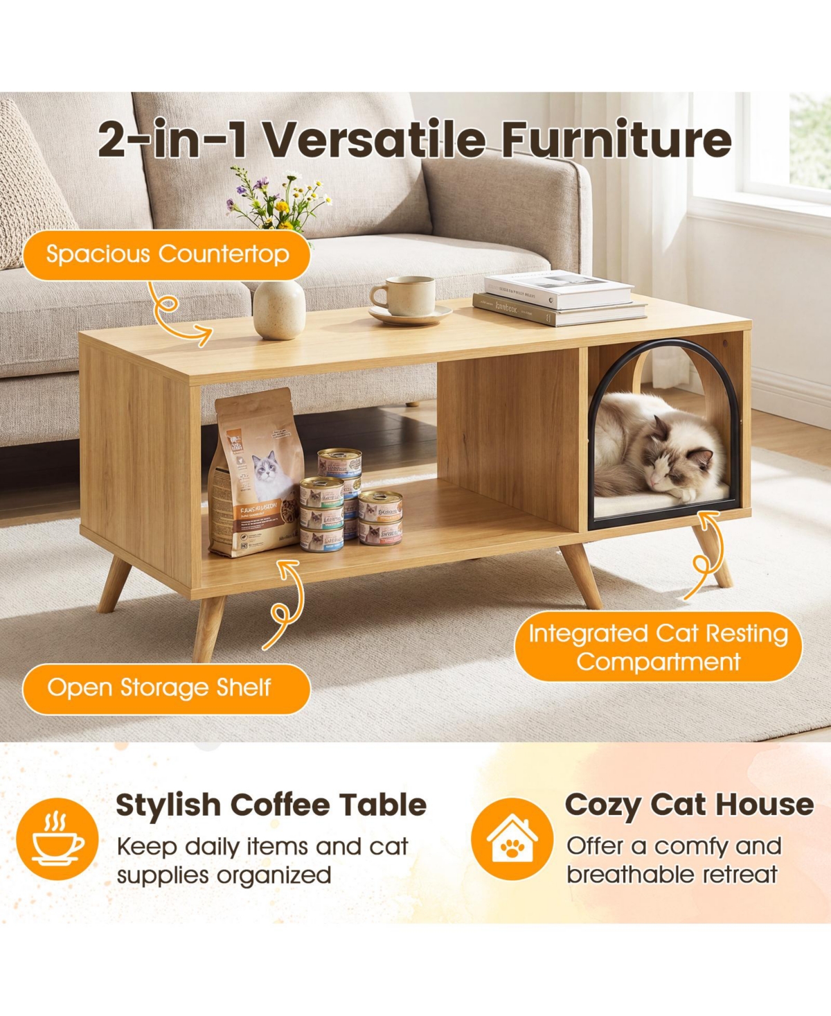 Gymax 40'' Coffee Table w/ Cat House 2-in-1 Farmhouse Cat Furniture Coffee Table