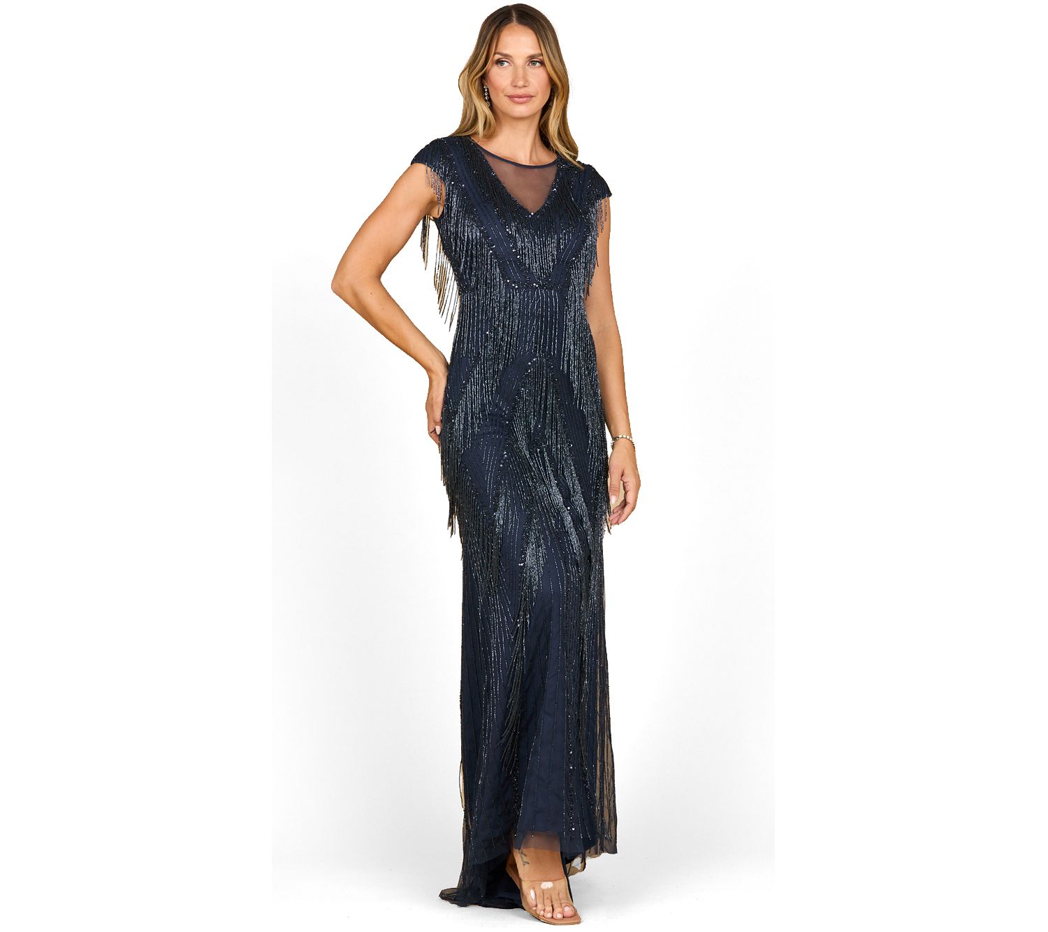 Women's Beaded Fringe V-Neckline Dress with Cap Sleeves