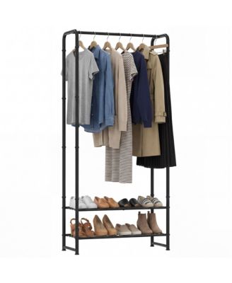 2-in-1 Freestanding Clothes Rack with Shelves, Metal Garment Organizer, Hanging Rod and Storage Shelves, for Bedroom and Entryway