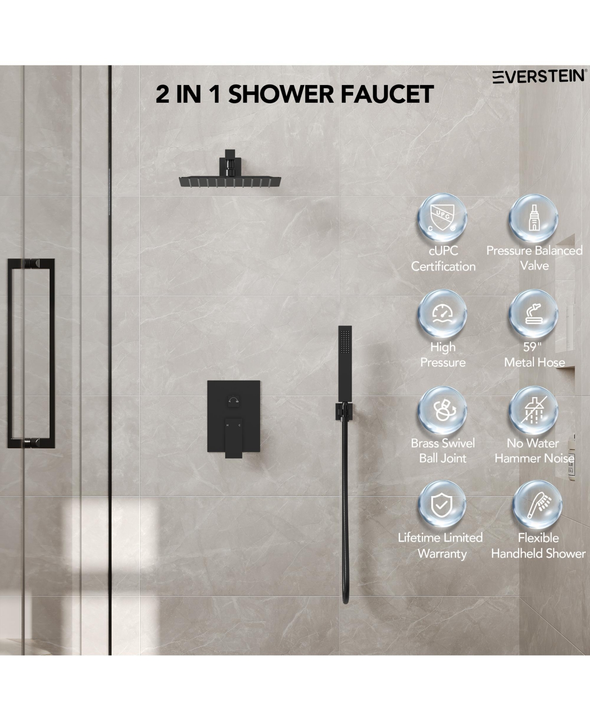 Everstrein 10" Rain Shower Head High Pressure Wall Mount Shower System Bathroom Shower Faucet Set with Handheld Spray