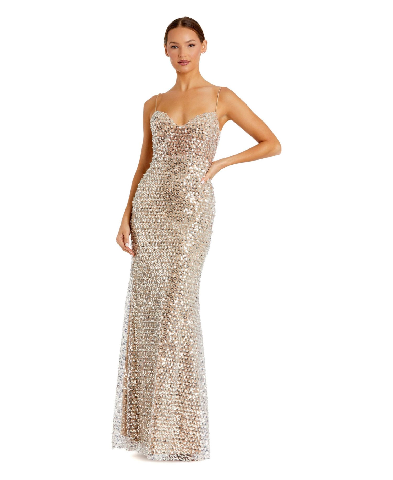 Women's Mirror Embellished Bustier Mesh Gown