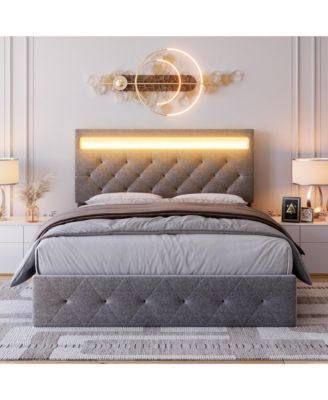 Modern Upholstered Bed Frame with Adjustable Headboard, LED Lights and Charging Station - Heavy Duty Wood Slats