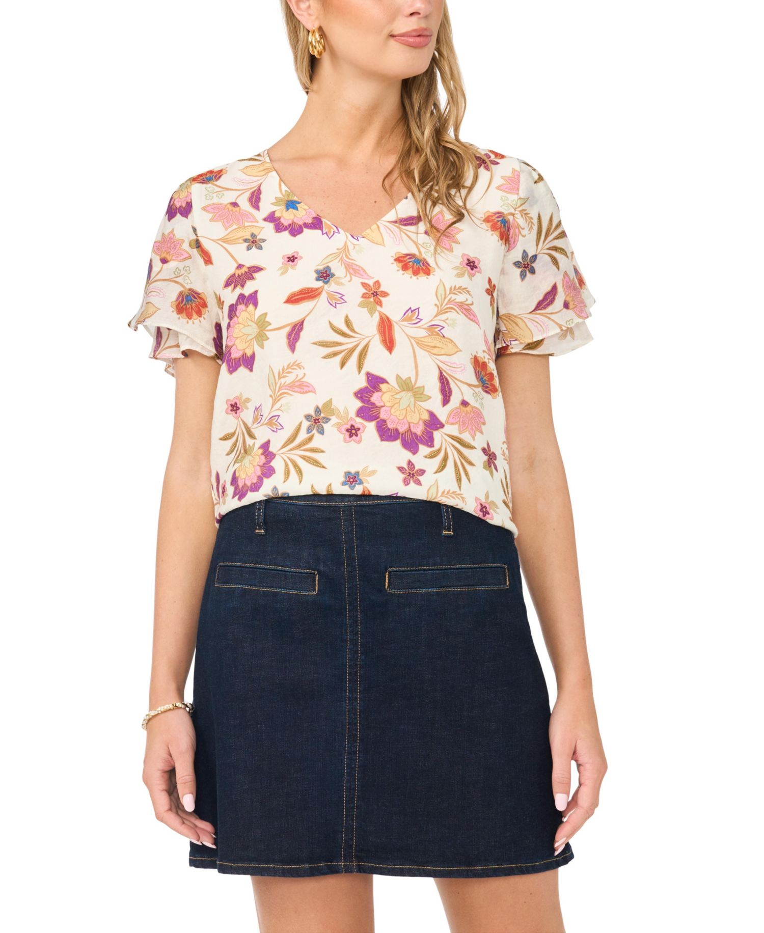 Women's Printed V-Neck Ruffle Seam Top